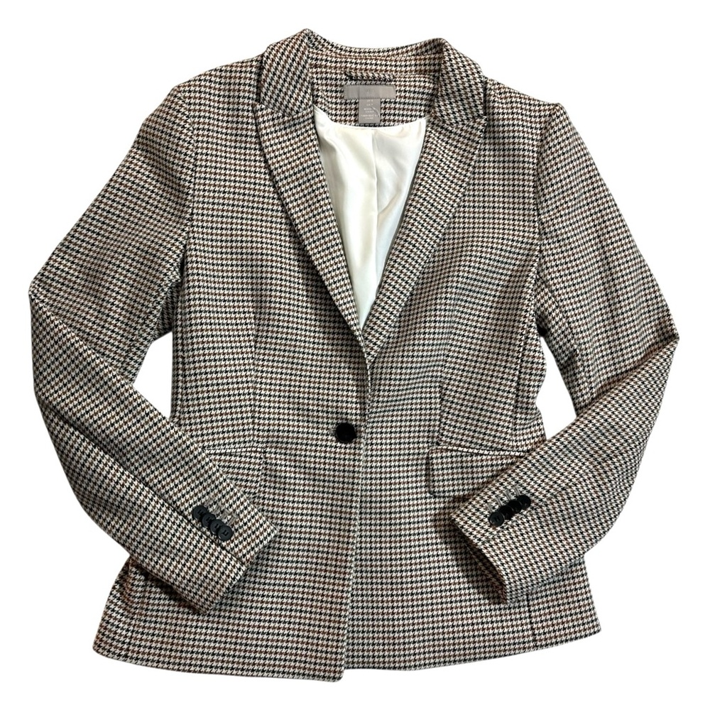 H&M Blazer Jacket Houndstooth Brown Fitted 1 Button Academia Small Fall